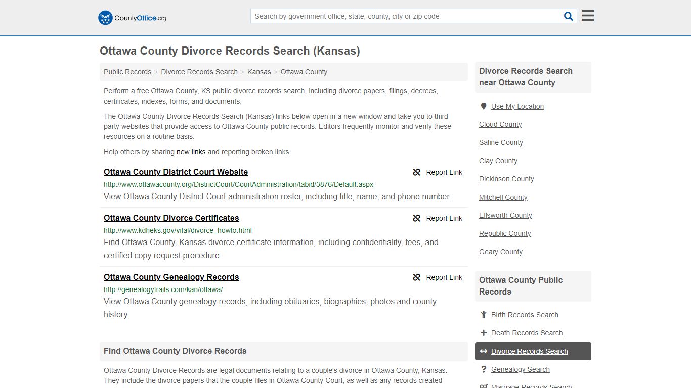 Ottawa County Divorce Records Search (Kansas) - County Office