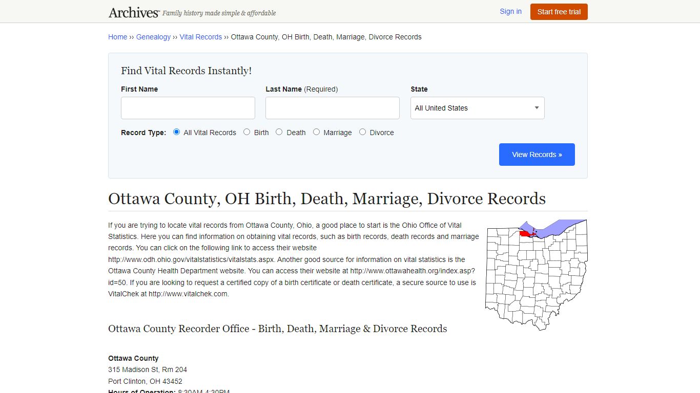 Ottawa County, OH Birth, Death, Marriage, Divorce Records